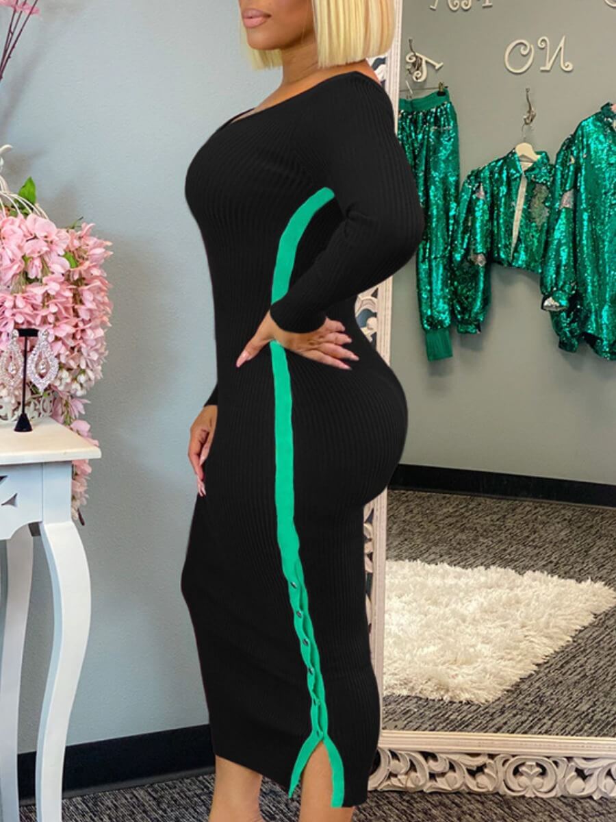 

Lovely Casual V Neck Patchwork Black Mid Calf Plus Size Dress