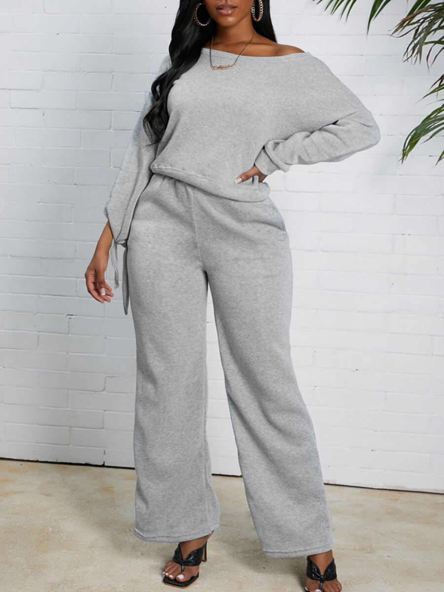 

Lovely Casual Lace-up Loose Grey Two Piece Pants Set