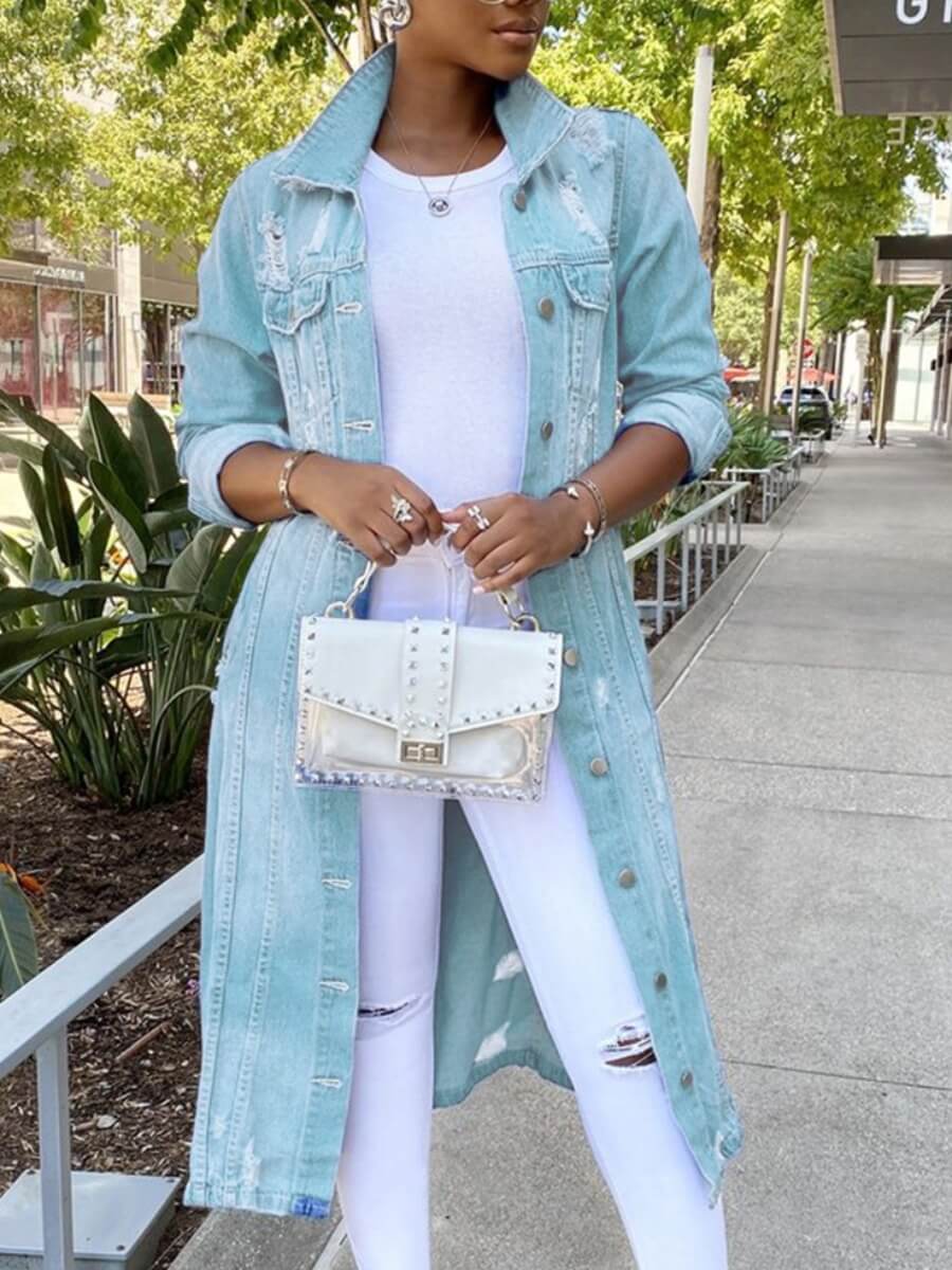 

Lovely Trendy Turndown Collar Broken Holes Baby Blue Denim Jacket