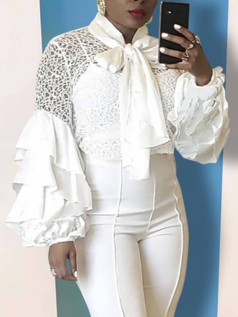 

Lovely Stylish Ribbon Collar Lace Patchwork White Blouse