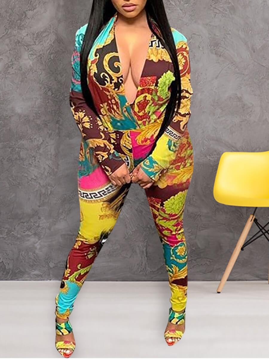 

Lovely Stylish Deep V Neck Print Mulitcolor One-piece Jumpsuit, Multi