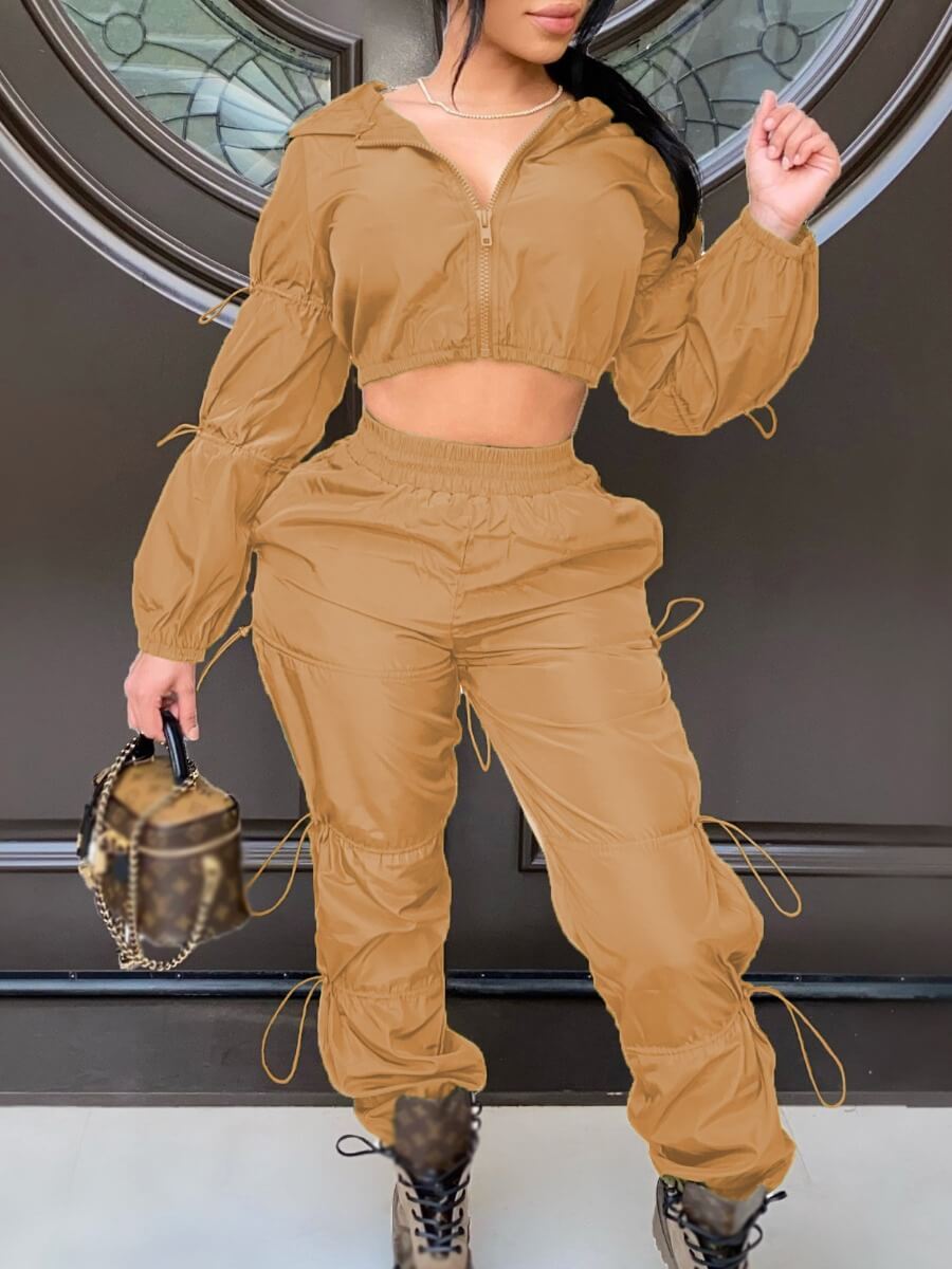 

Lovely Street Hooded Collar Fold Design Khaki Two Piece Pants Set