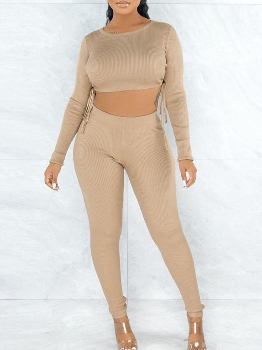 

Lovely Casual O Neck Drawstring Khaki Two Piece Pants Set