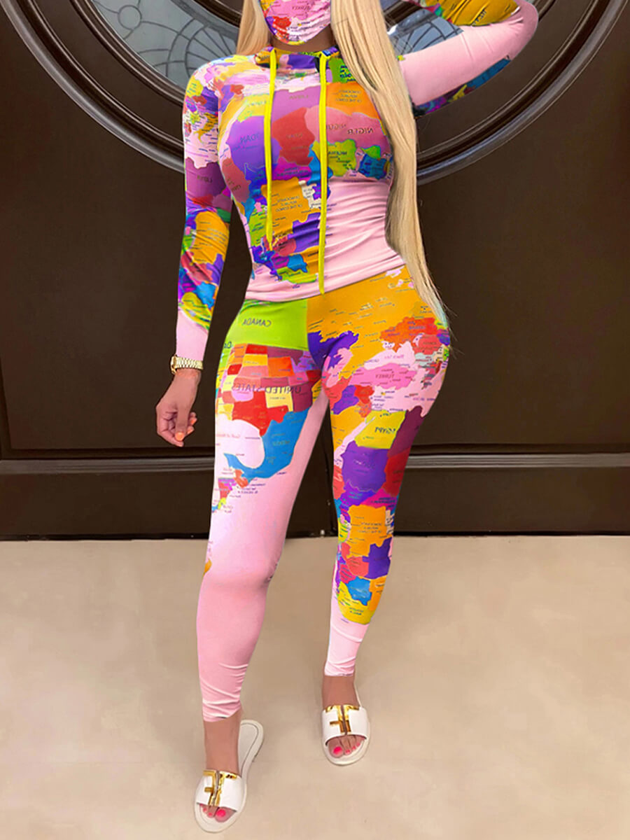 

Lovely Street Turtleneck Print Pink Two Piece Pants Set