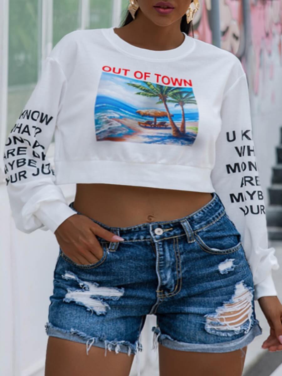 

Lovely Leisure O Neck Print White Hoodie