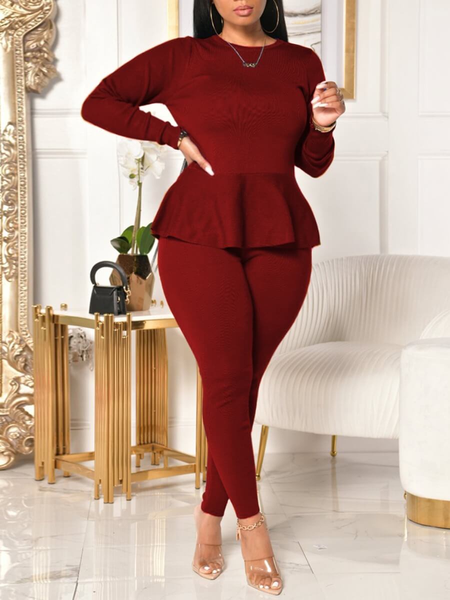 

Lovely Casual O Neck Bandage Design Wine Red Plus Size Two-piece Pants Set