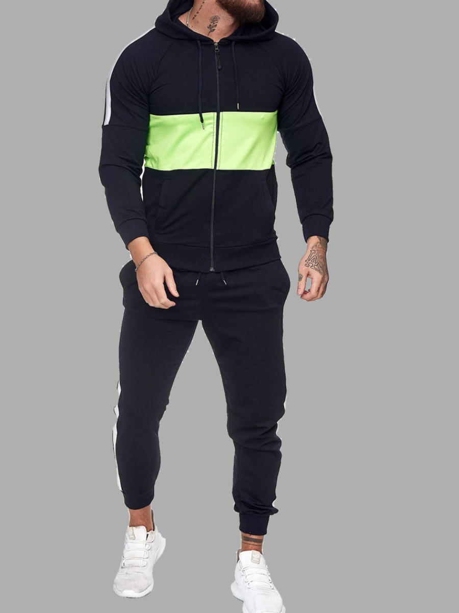 

lovely Sportswear Hooded Collar Patchwork Black Men Two-piece Pants Set