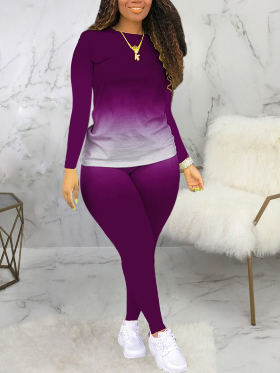

LW Plus Size Casual O Neck Gradient Print Purple Two-piece Pants Set