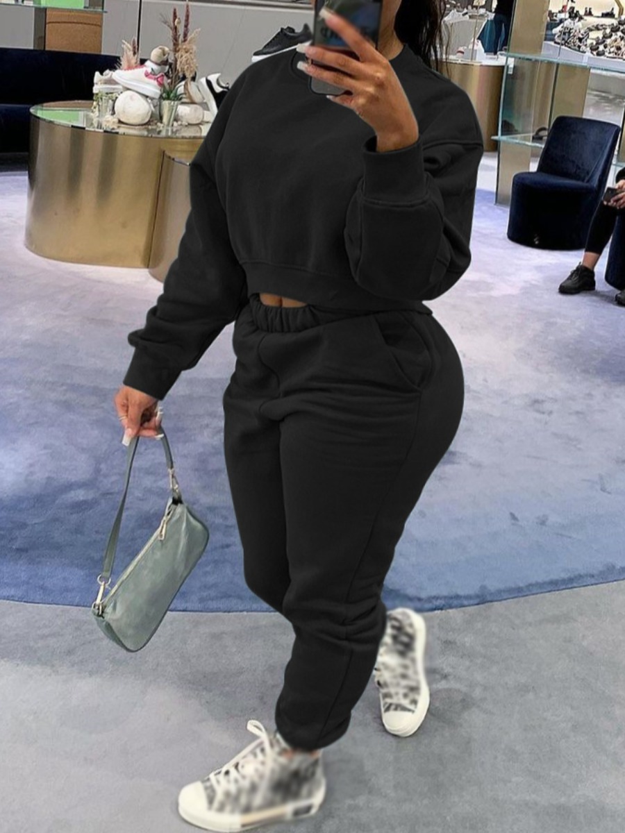 

Lovely Casual O Neck Basic Black Two Piece Pants Set