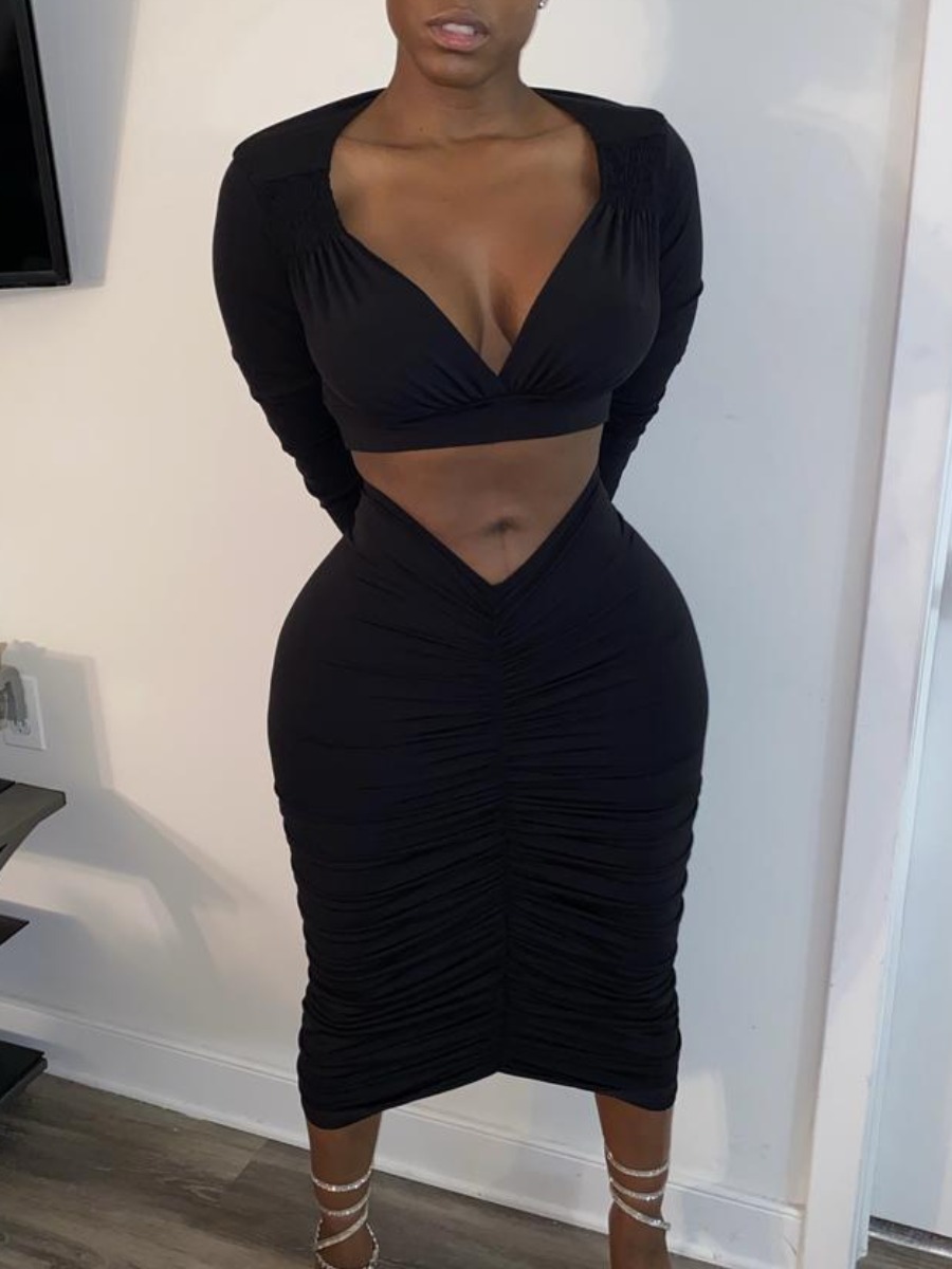 

Lovely Sexy Deep V Neck Fold Design Black Two Piece Skirt Set