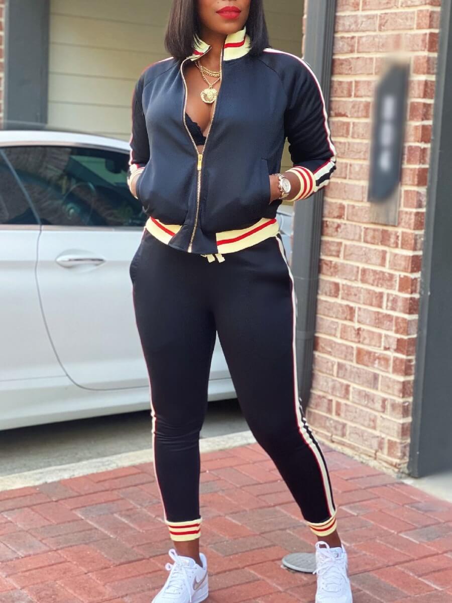 

Lovely Sportswear Turndown Collar Patchwork Black Two Piece Pants Set