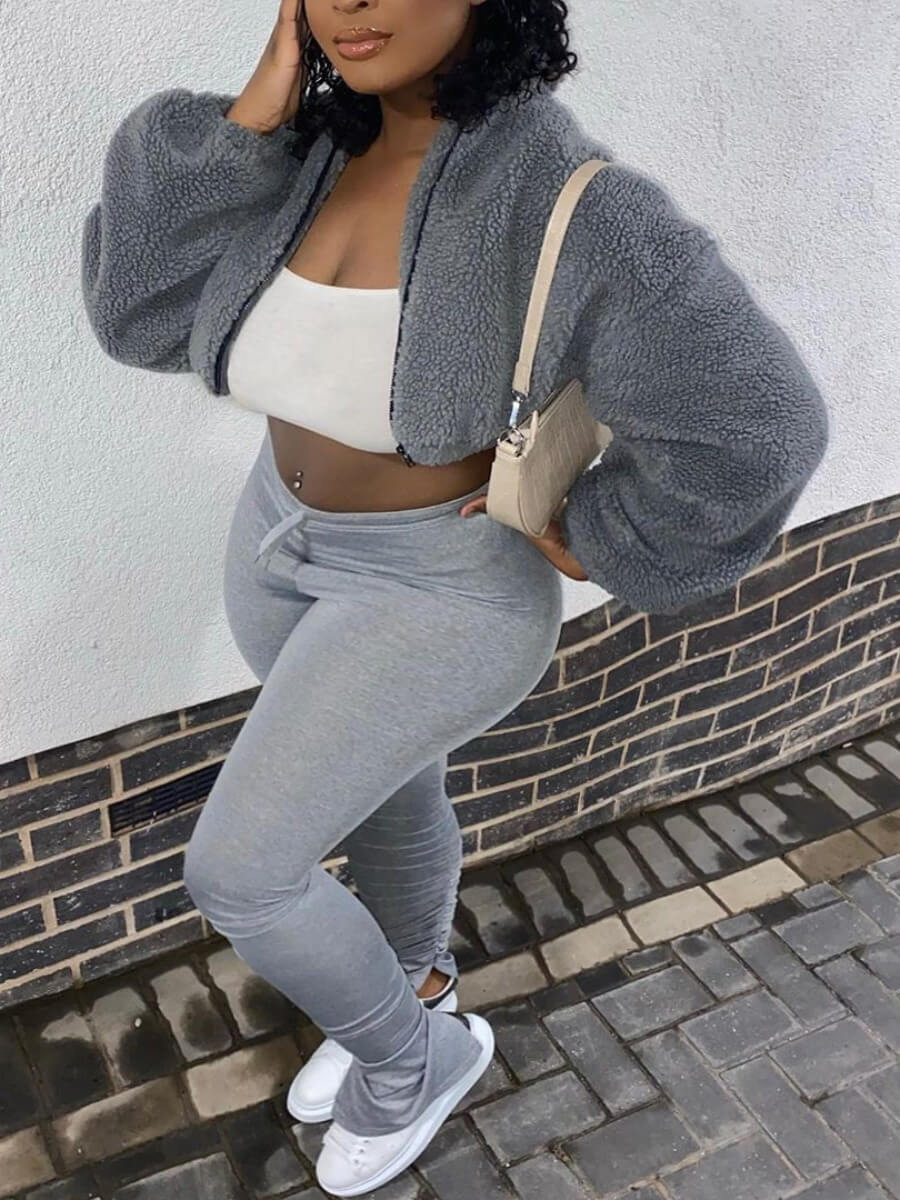 

Lovely Casual Turndown Collar Zipper Design Grey Two Piece Pants Set