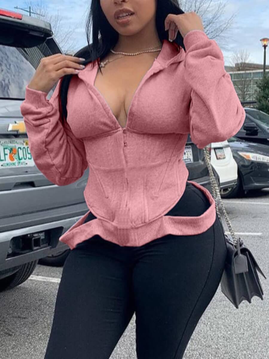 

Lovely Sportswear Hooded Collar Hollow-out Pink Hoodie