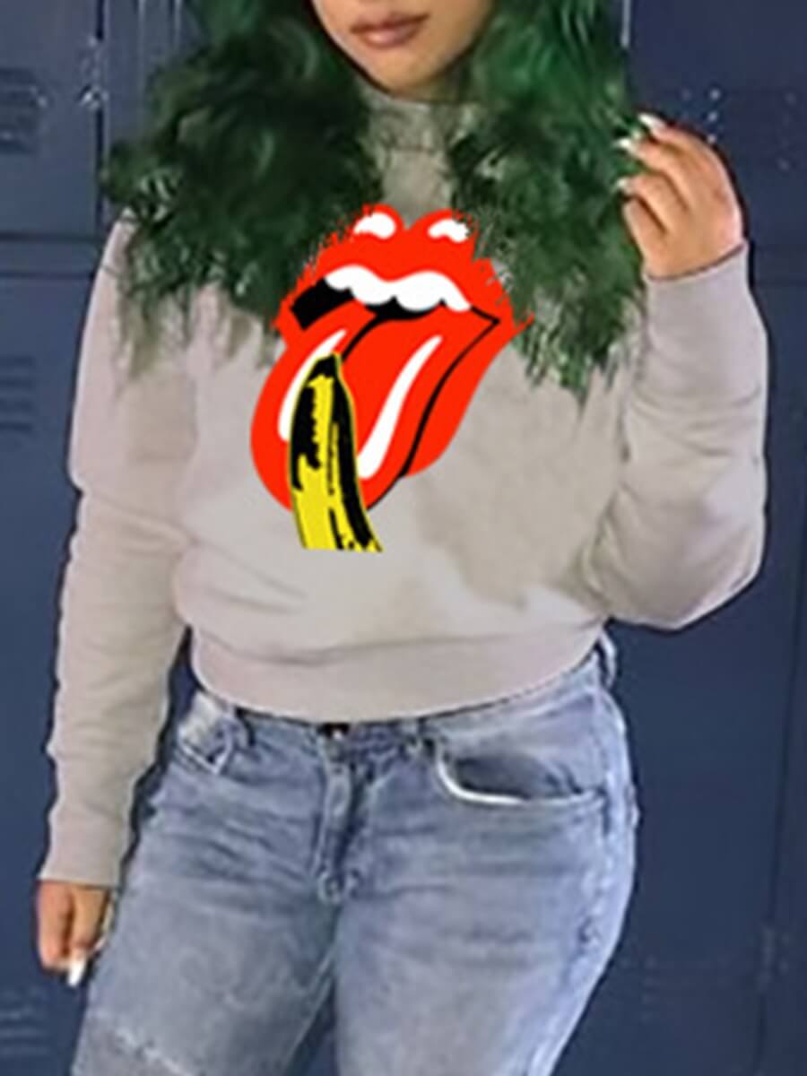 

Lovely Casual O Neck Lip Print Grey Hoodie