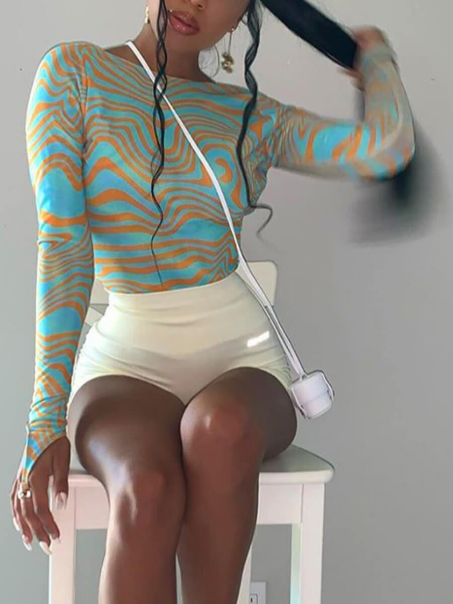 

Lovely Street O Neck Striped Print Blue Bodysuit