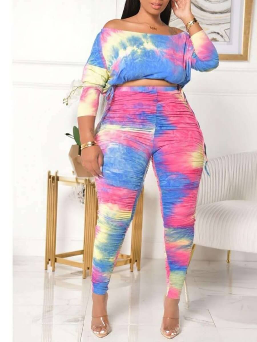 

Lovely Trendy Tie-dye Fold Design Multicolor Plus Size Two-piece Pants Set, Multi