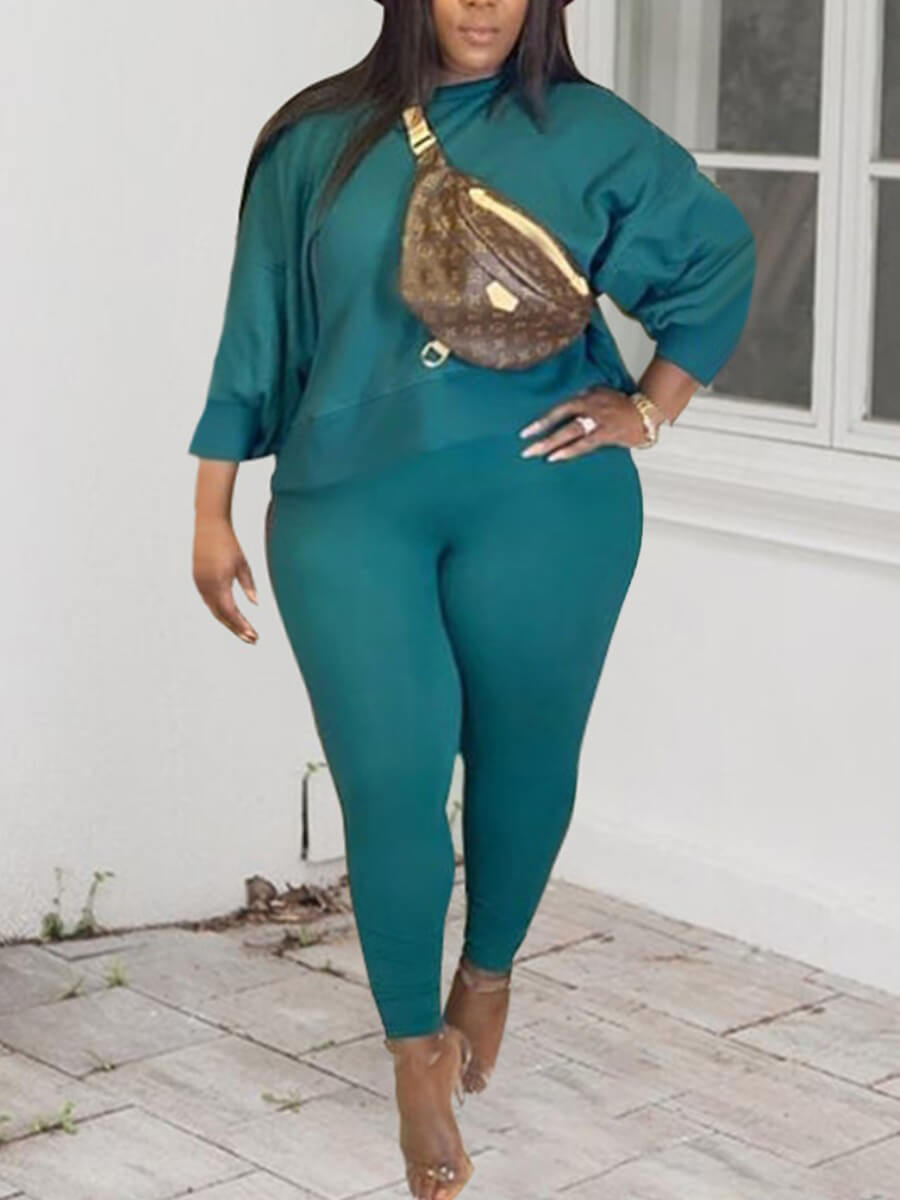

Lovely Casual O Neck Basic Blackish Green Plus Size Two-piece Pants Set, Black green