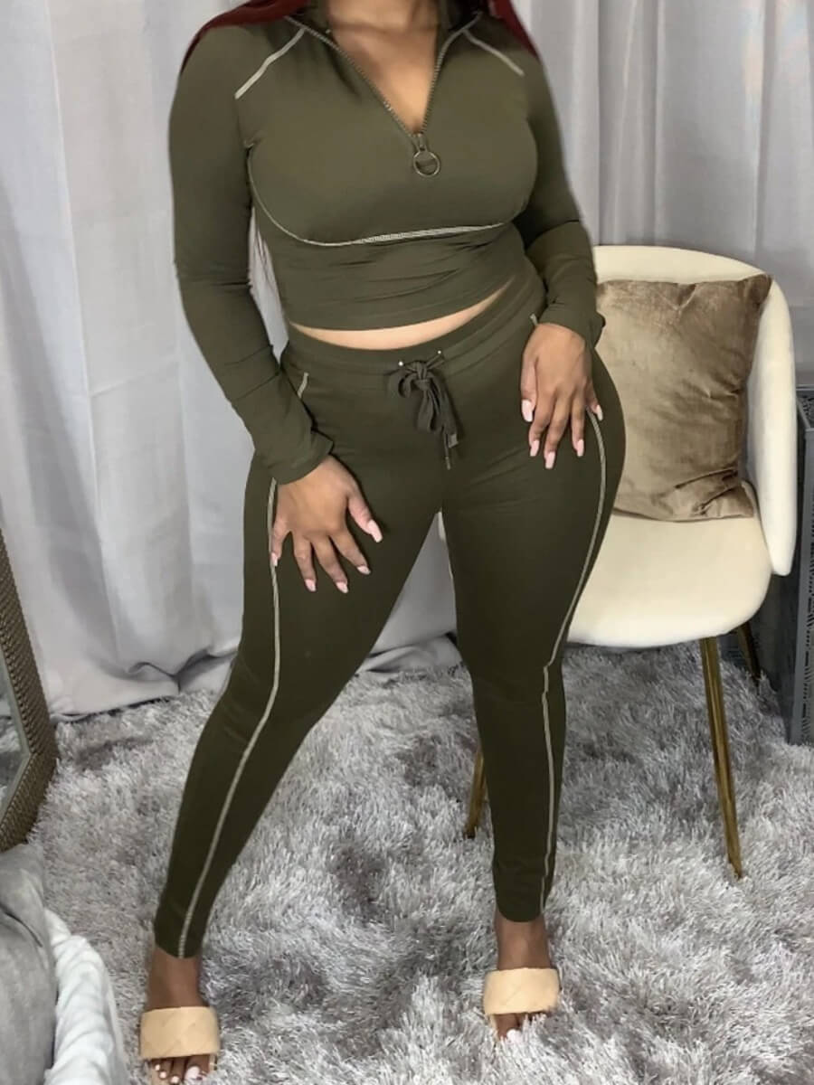 

Lovely Street Turndown Collar Patchwork Green Two Piece Pants Set