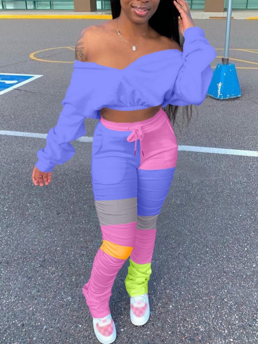 

Lovely Street Dew Shoulder Color-lump Patchwork Purple Two Piece Pants Set