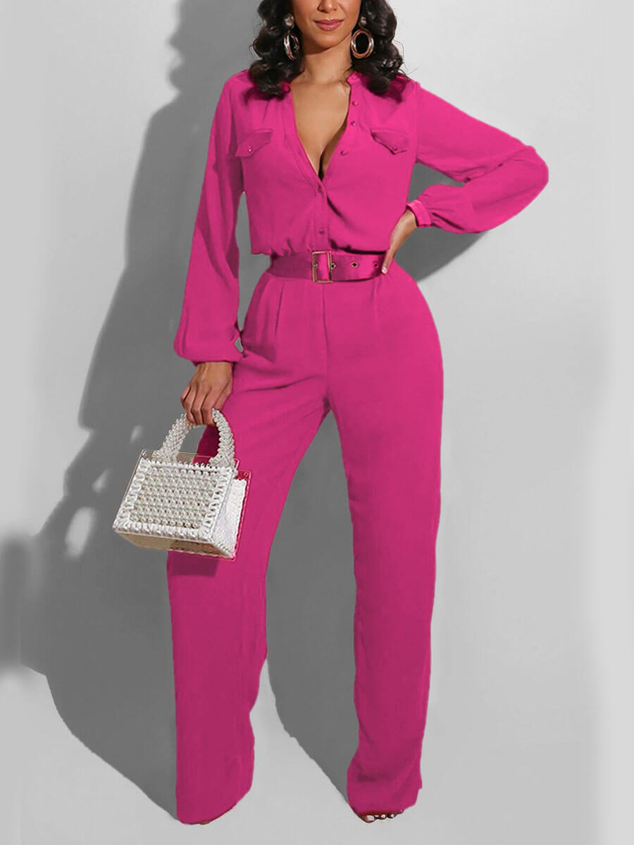 

Lovely Trendy Buttons Design Pocket Patched Rose Red One-piece Jumpsuit(Without Belt