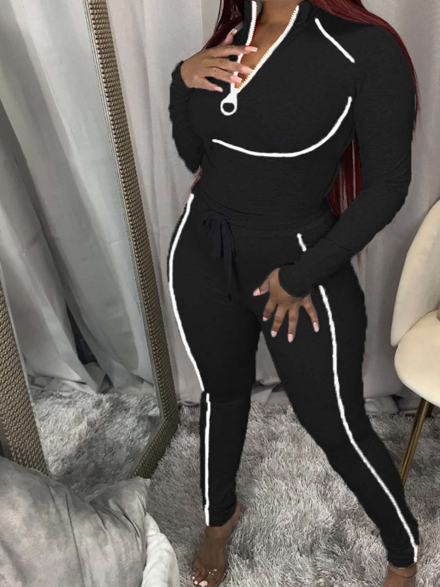 

lovely Street Turndown Collar Patchwork Black Two Piece Pants Set
