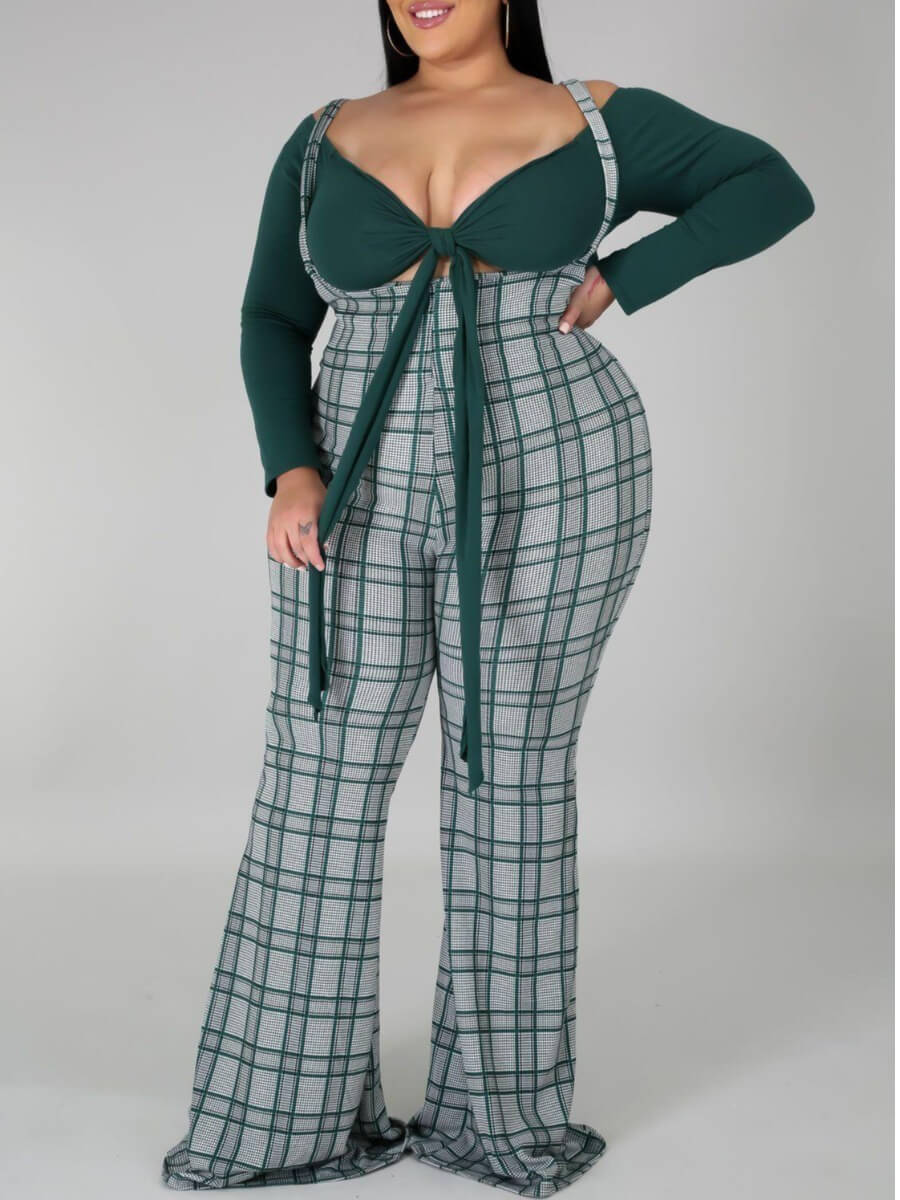 

Lovely Stylish Grid Print Blackish Green Plus Size One-piece Jumpsuit, Black green