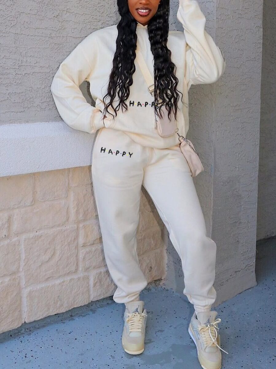 

Lovely Casual Hooded Collar Letter Print Beige Two Piece Pants Set