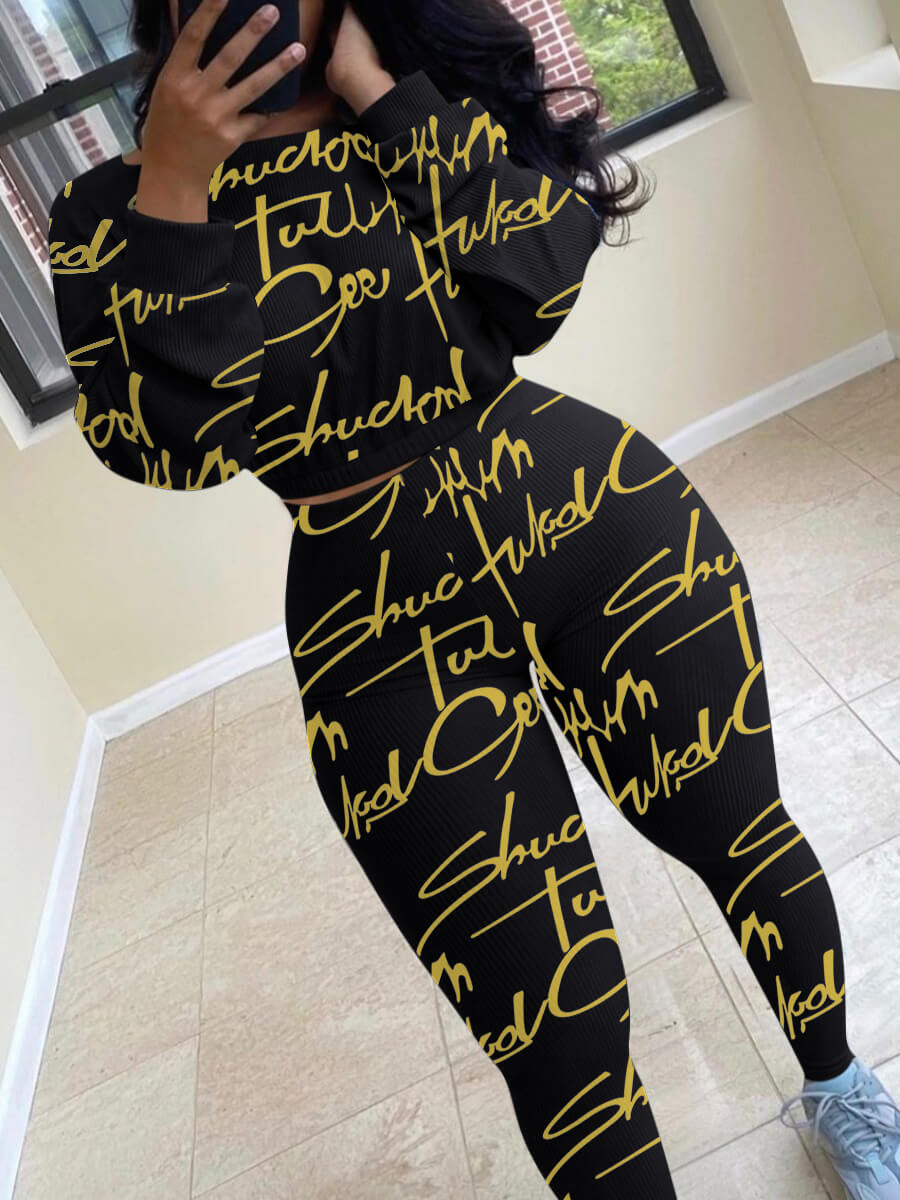 

Lovely Sportswear O Neck Letter Print Skinny Black Two Piece Pants Set