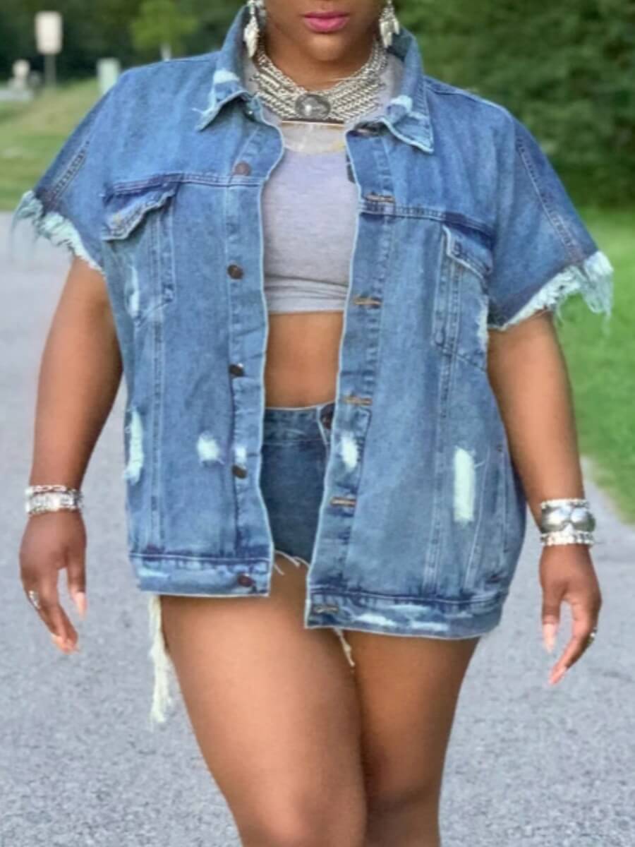 

Lovely Street Turndown Collar Broken Holes Blue Denim Jacket
