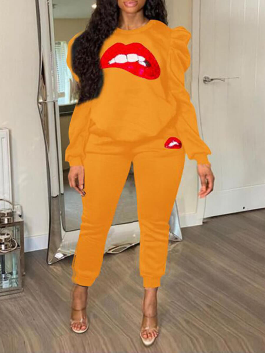 

Lovely Leisure O Neck Lip Print Yellow Plus Size Two-piece Pants Set