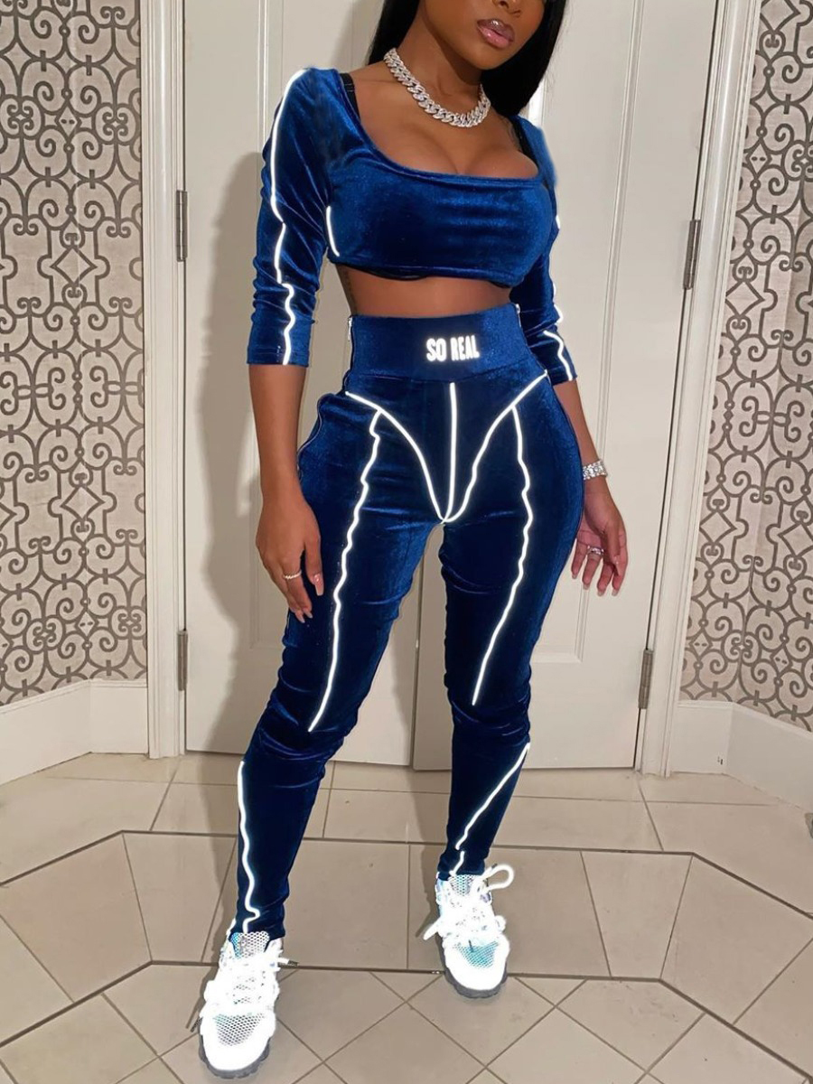 

Lovely Sportswear Square Collar Patchwork Blue Two Piece Pants Set
