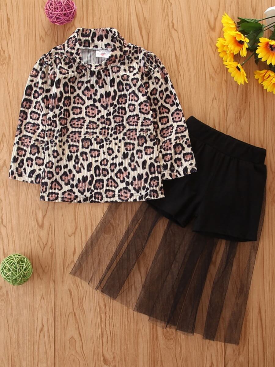 

Lovely Stylish Turtleneck Leopard Print Girl Two-piece Skirt Set