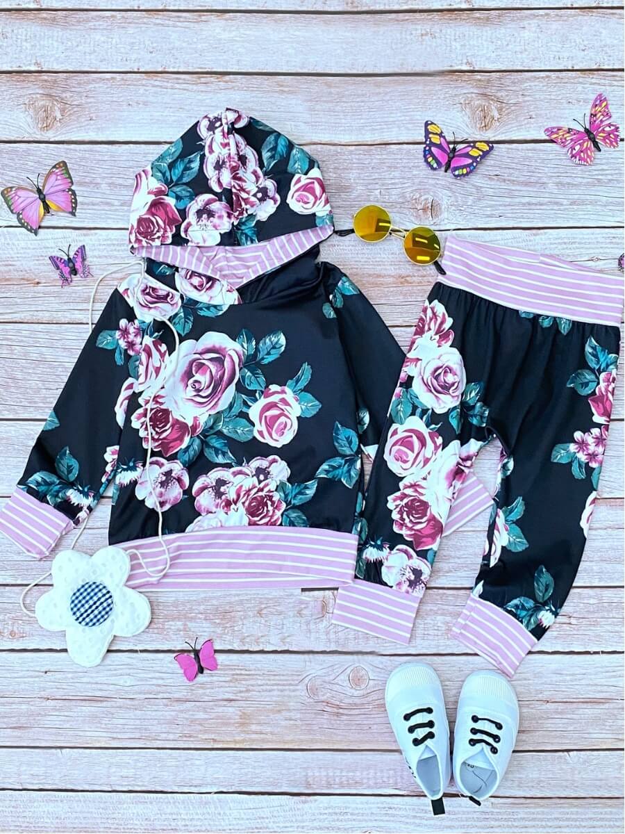 

Lovely Casual Hooded Collar Print Black Girl Two-piece Pants Set