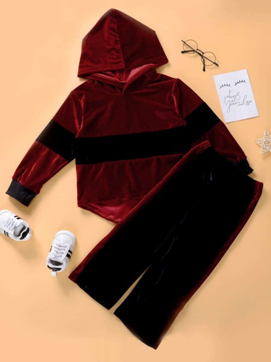 

Lovely Sportswear Hooded Collar Patchwork Wine Red Boy Two-piece Pants Set