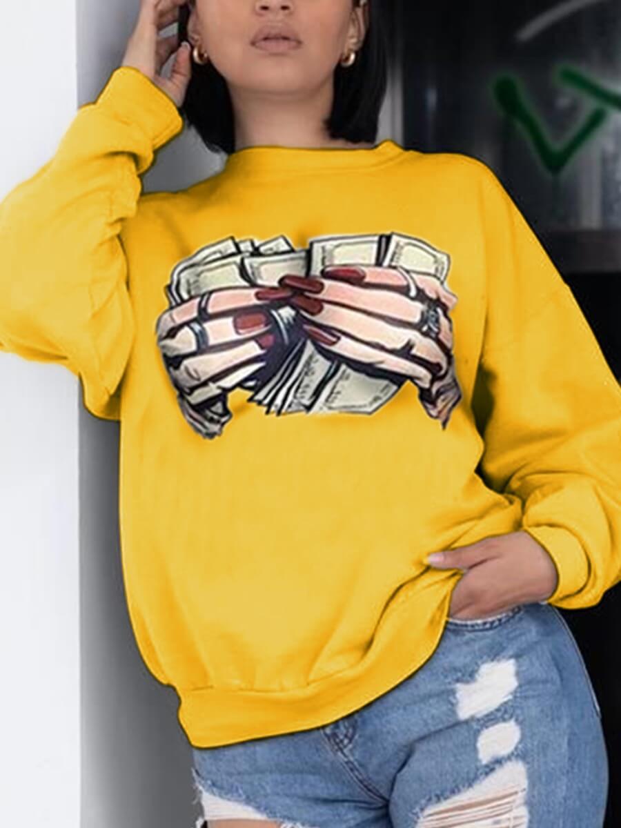 

Lovely Casual O Neck Print Yellow Hoodie