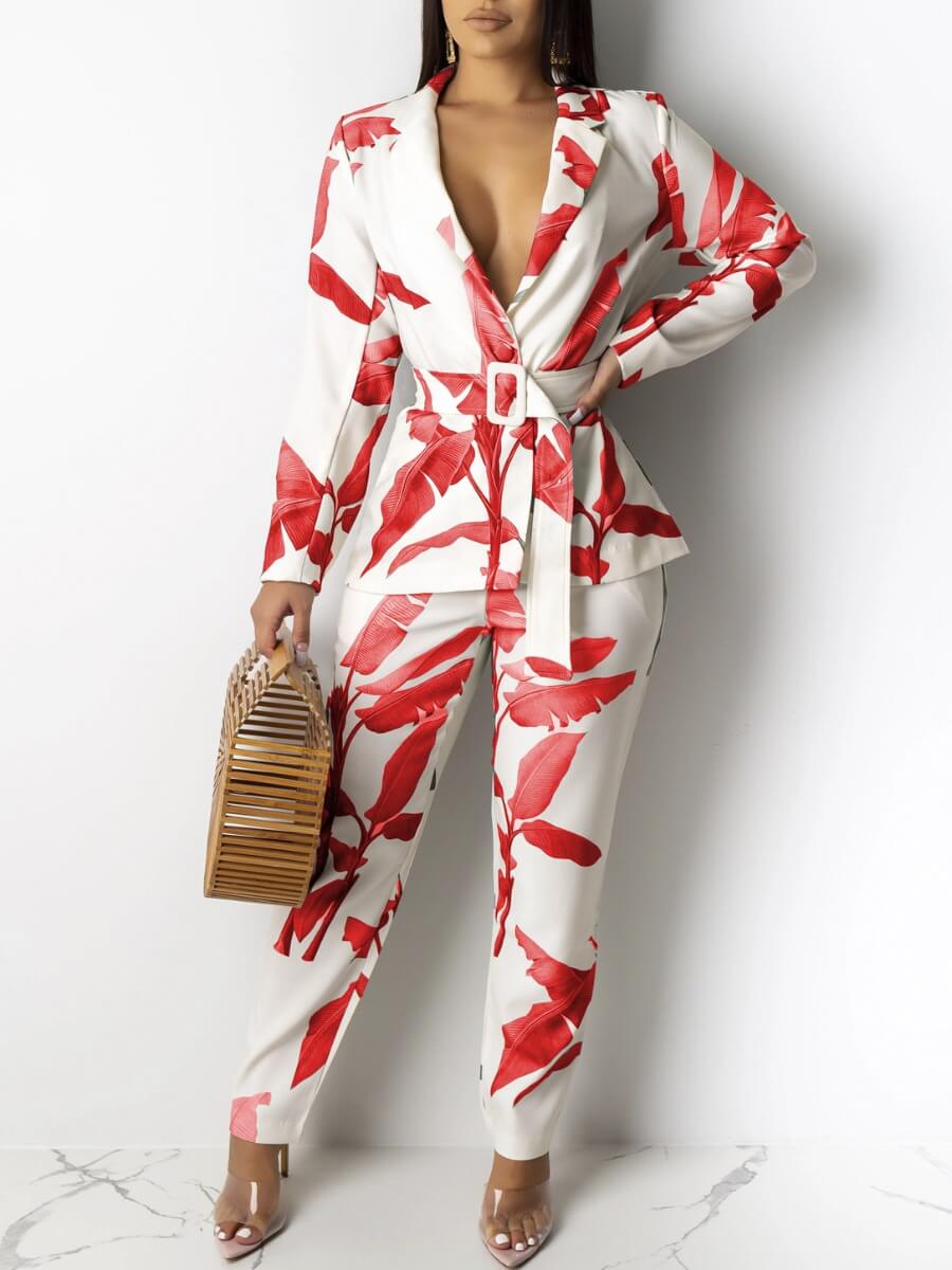 

Lovely Trendy Turn-back Collar Print Red Two Piece Pants Set