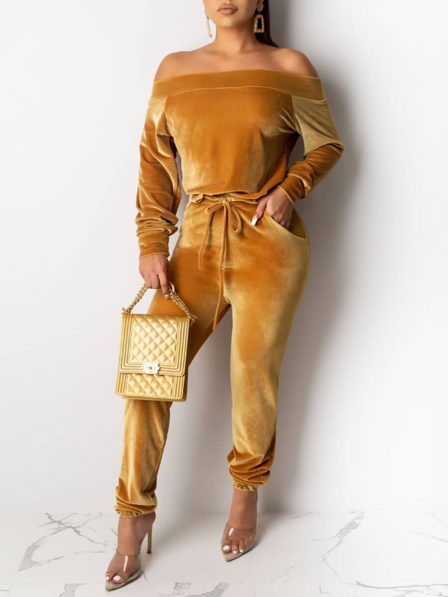 

Lovely Casual Dew Shoulder Lace-up Yellow Two Piece Pants Set