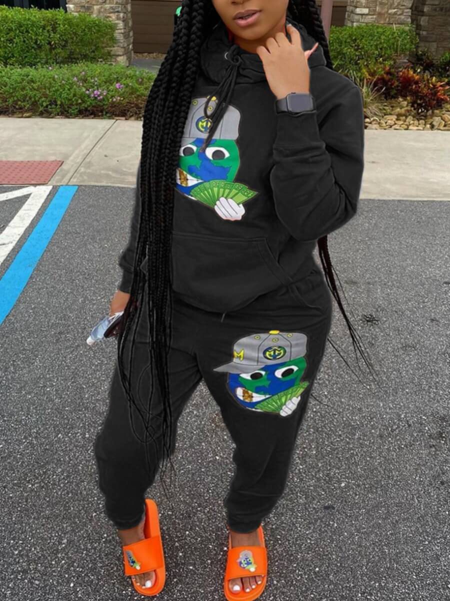 

Lovely Casual Hooded Collar Cartoon Print Black Two Piece Pants Set