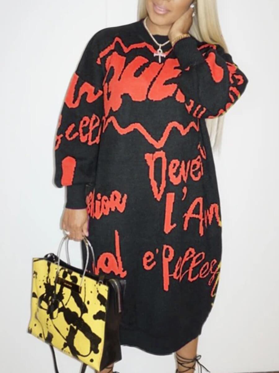 

Lovely Trendy O Neck Letter Print Red Mid Calf Dress