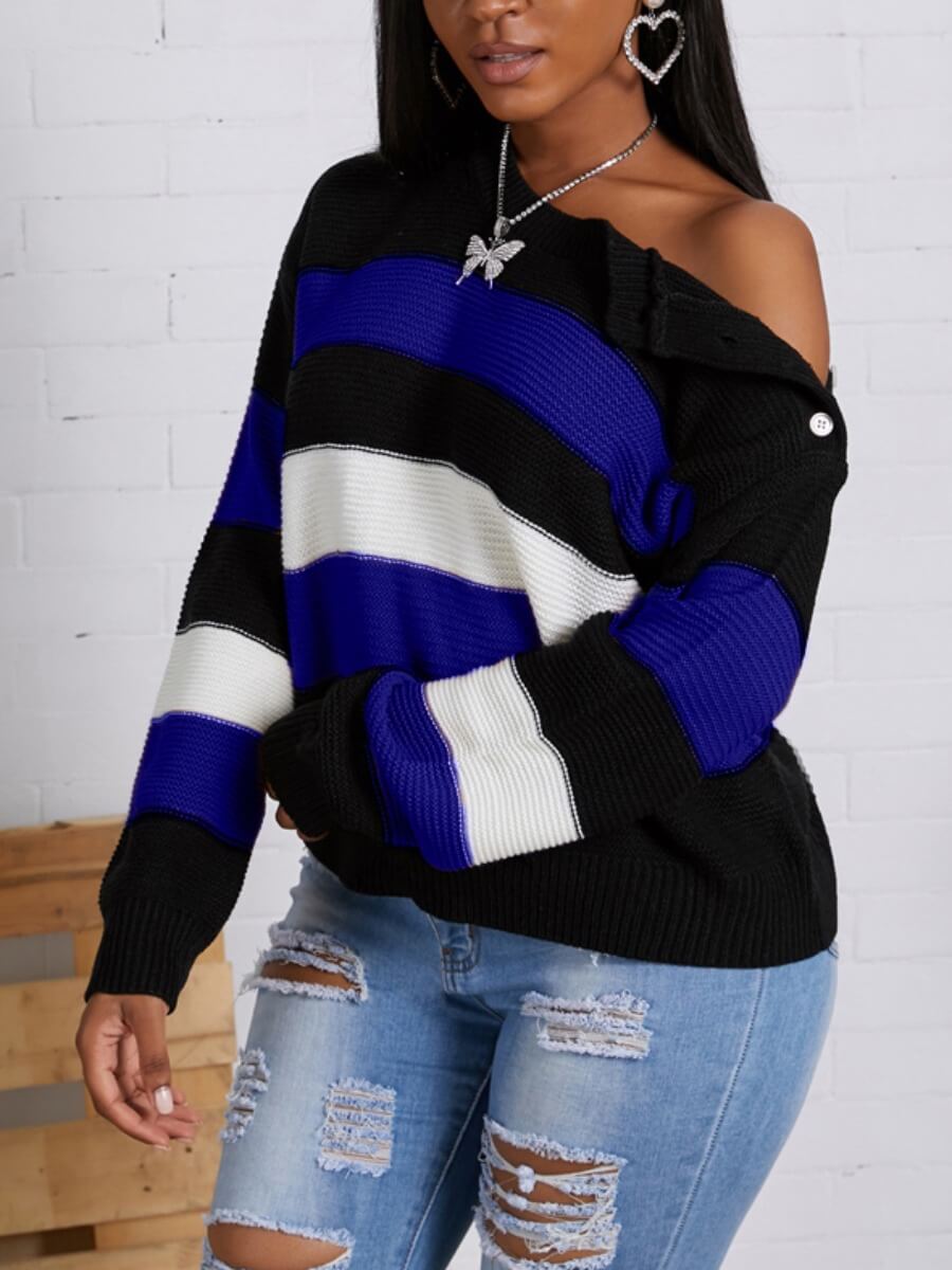 

Lovely Casual Striped Patchwork Blue Sweater