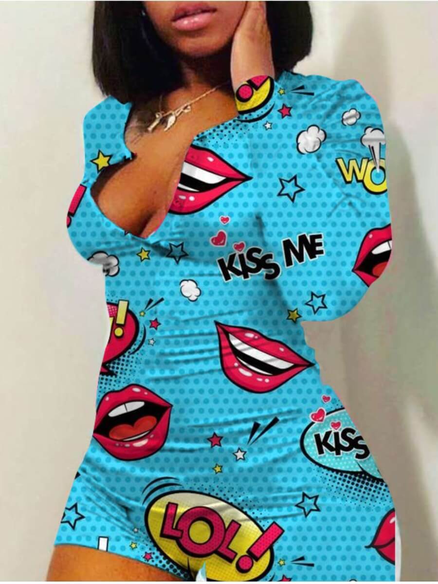 

Lovely Leisure V Neck Print Blue Sleepwear