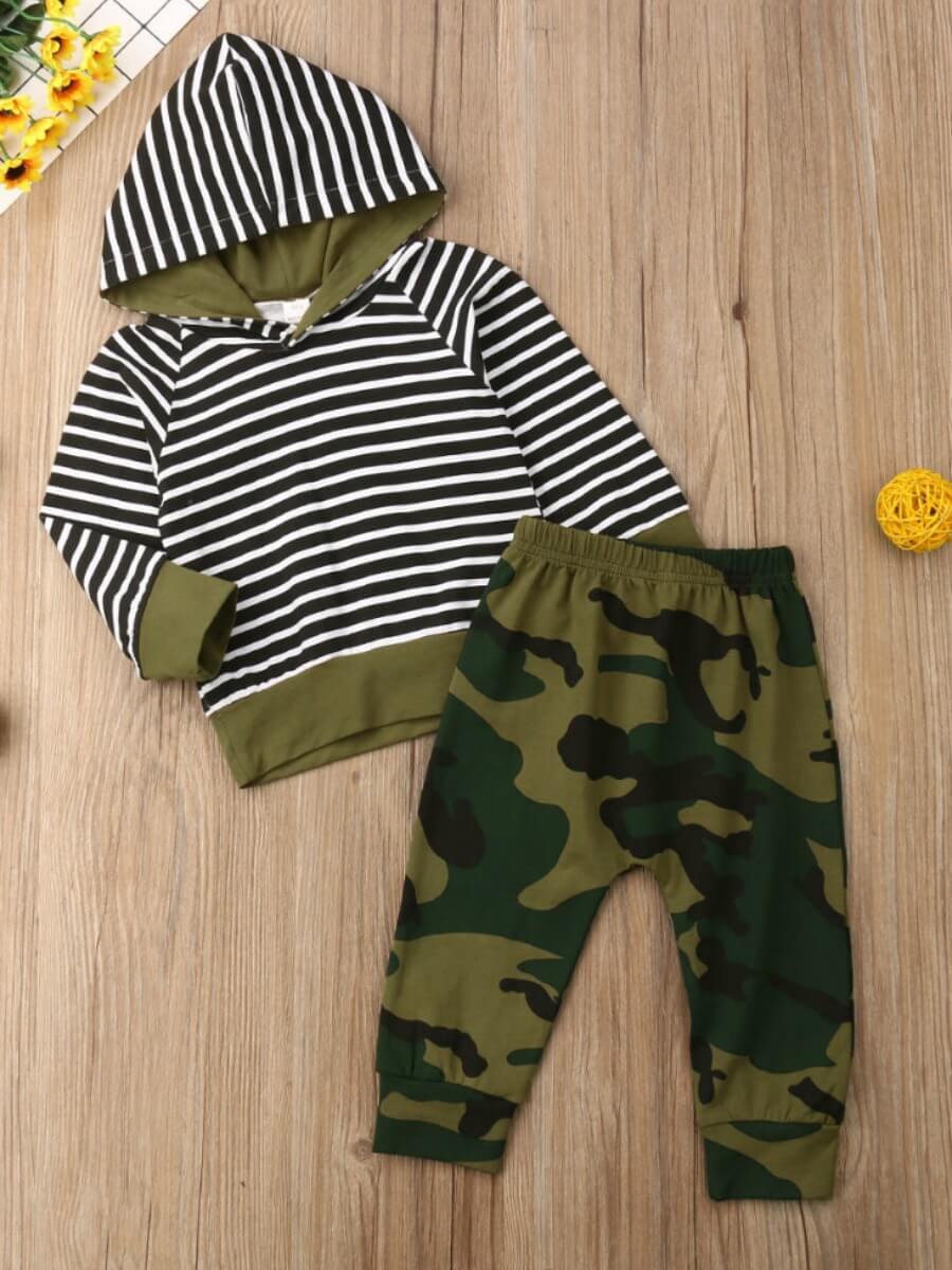 

Lovely Sportswear Hooded Collar Striped Print Boy Two-piece Pants Set, Stripe