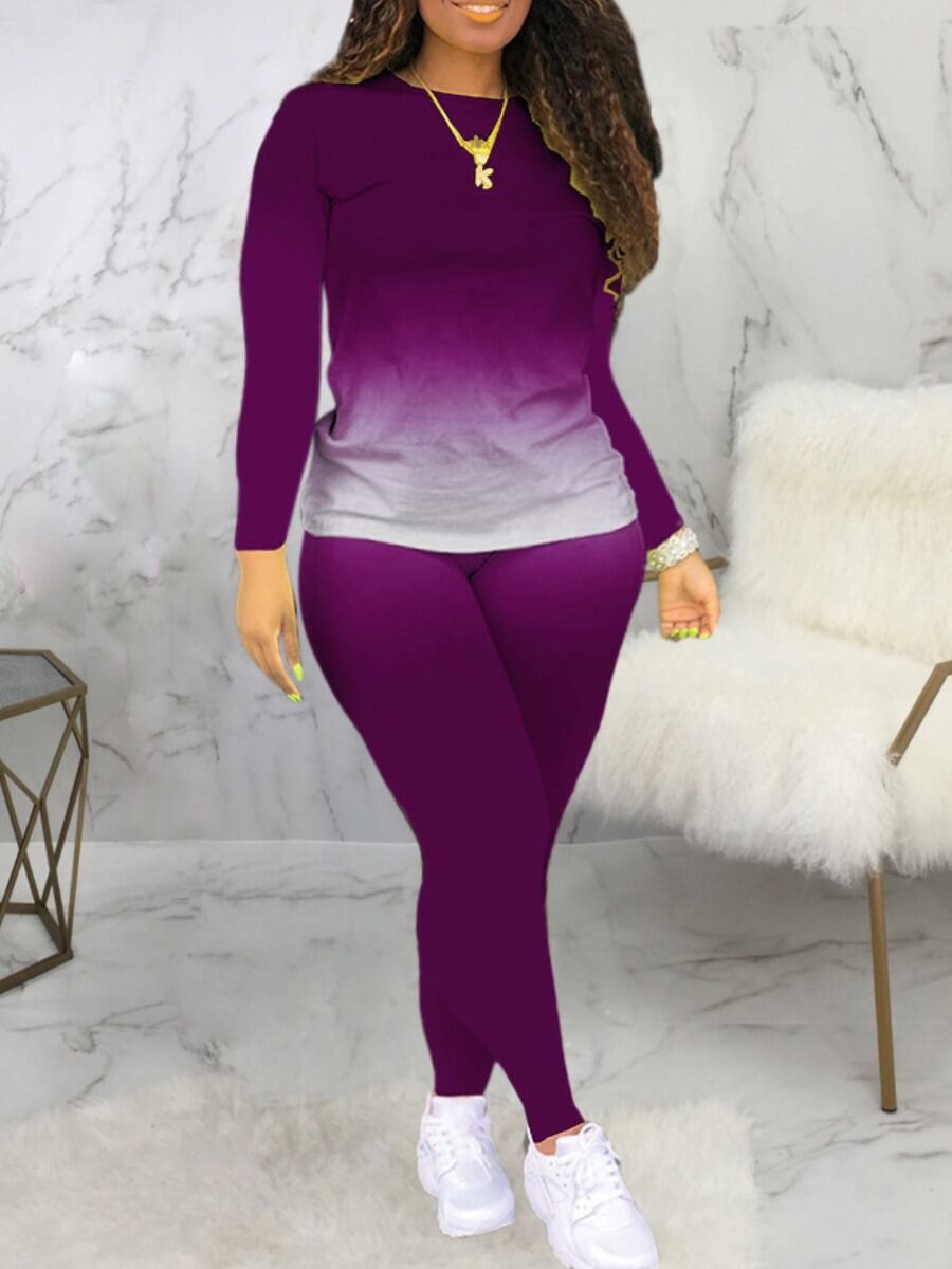 

LW Casual O Neck Gradient Print Purple Two Piece Pants Set