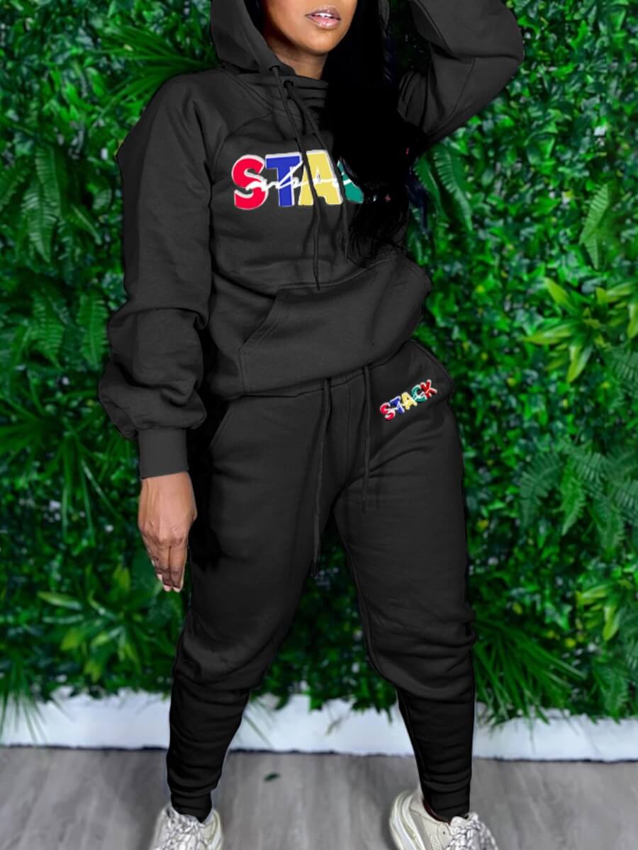 

Lovely Sportswear Hooded Collar Letter Print Black Two Piece Pants Set