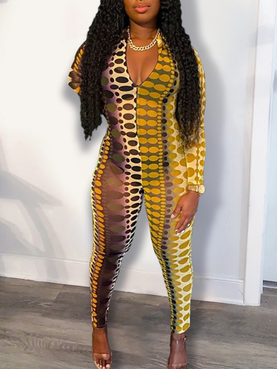 

Lovely Stylish Print Skinny Yellow One-piece Jumpsuit