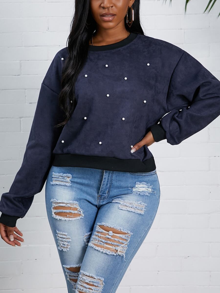 

Lovely Casual O Neck Nail Bead Design Blue Hoodie