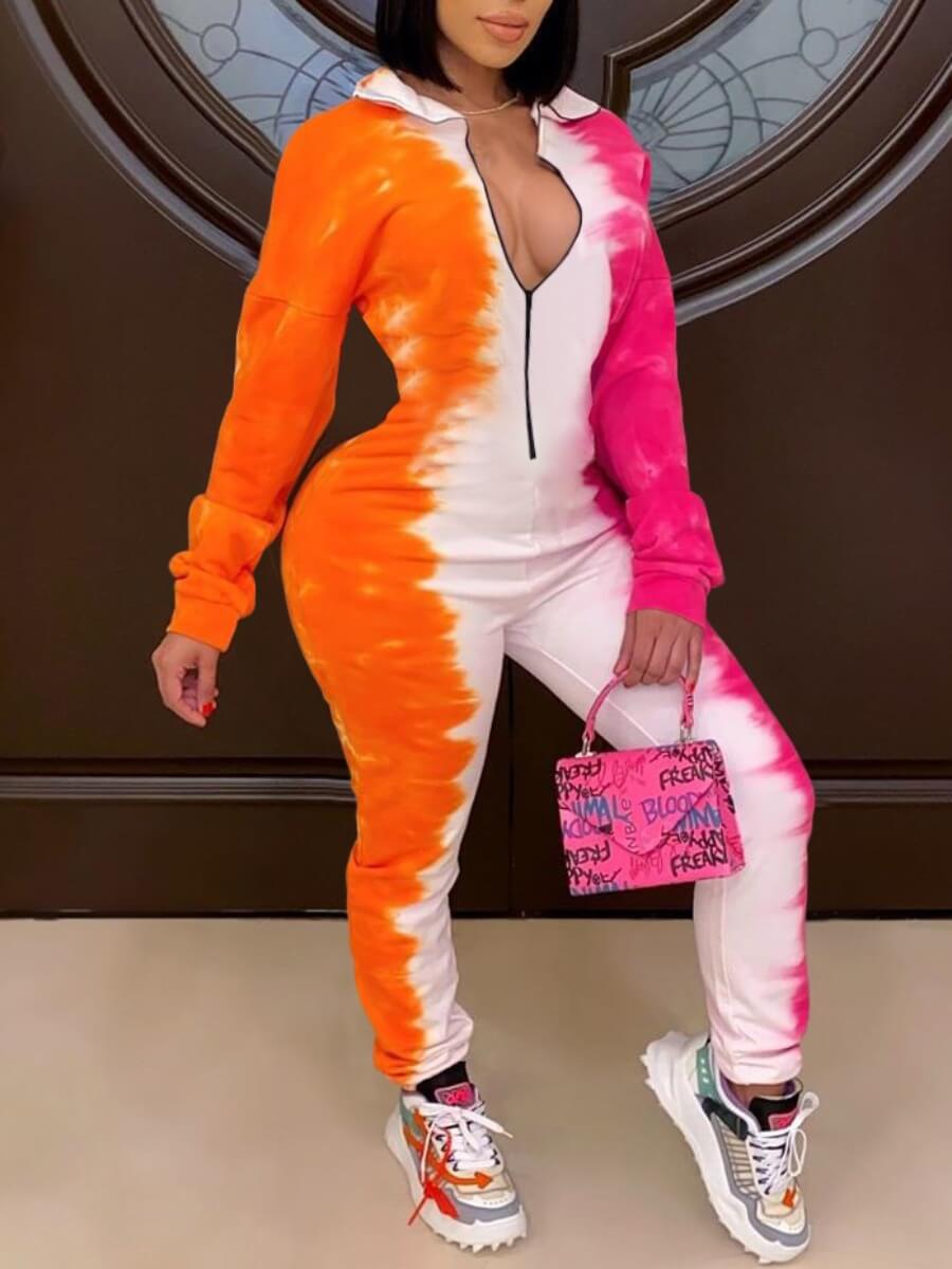 

Lovely Stylish Zipper Design Tie-dye Orange One-piece Jumpsuit