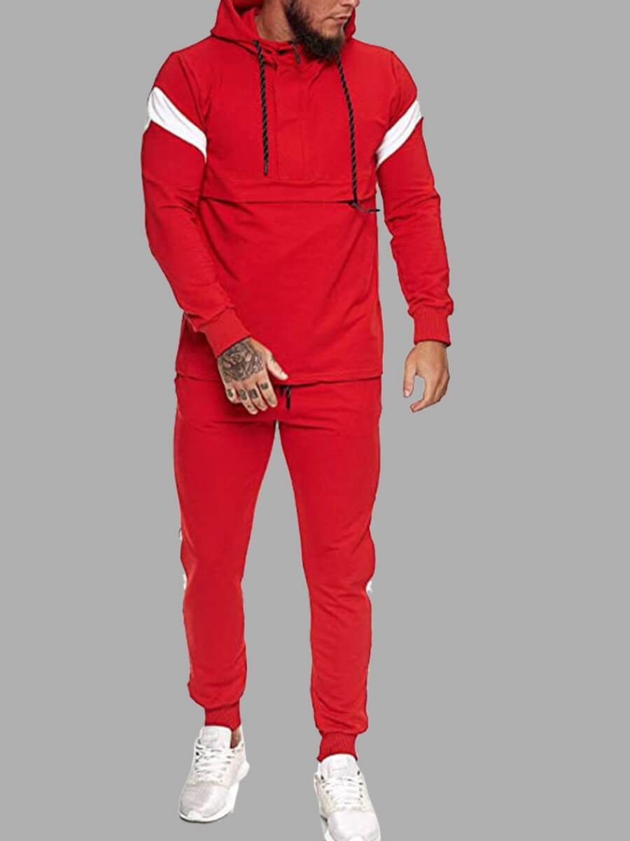 

Lovely Sportswear Hooded Collar Patchwork Red Men Two-piece Pants Set