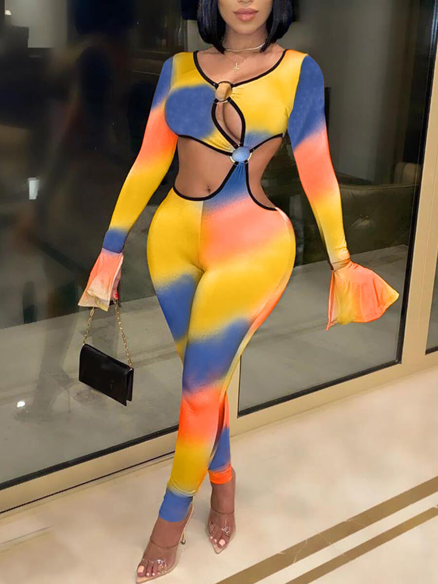 

Lovely Stylish Tie-dye Hollow-out Yellow One-piece Jumpsuit