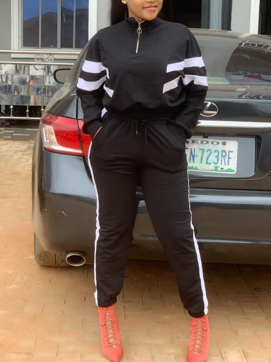 

Lovely Sportswear Zipper Design Patchwork Black Two Piece Pants Set